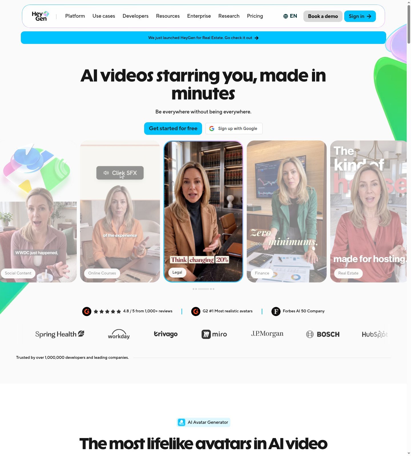 HeyGen AI avatar interface showing current presenter and business-video positioning