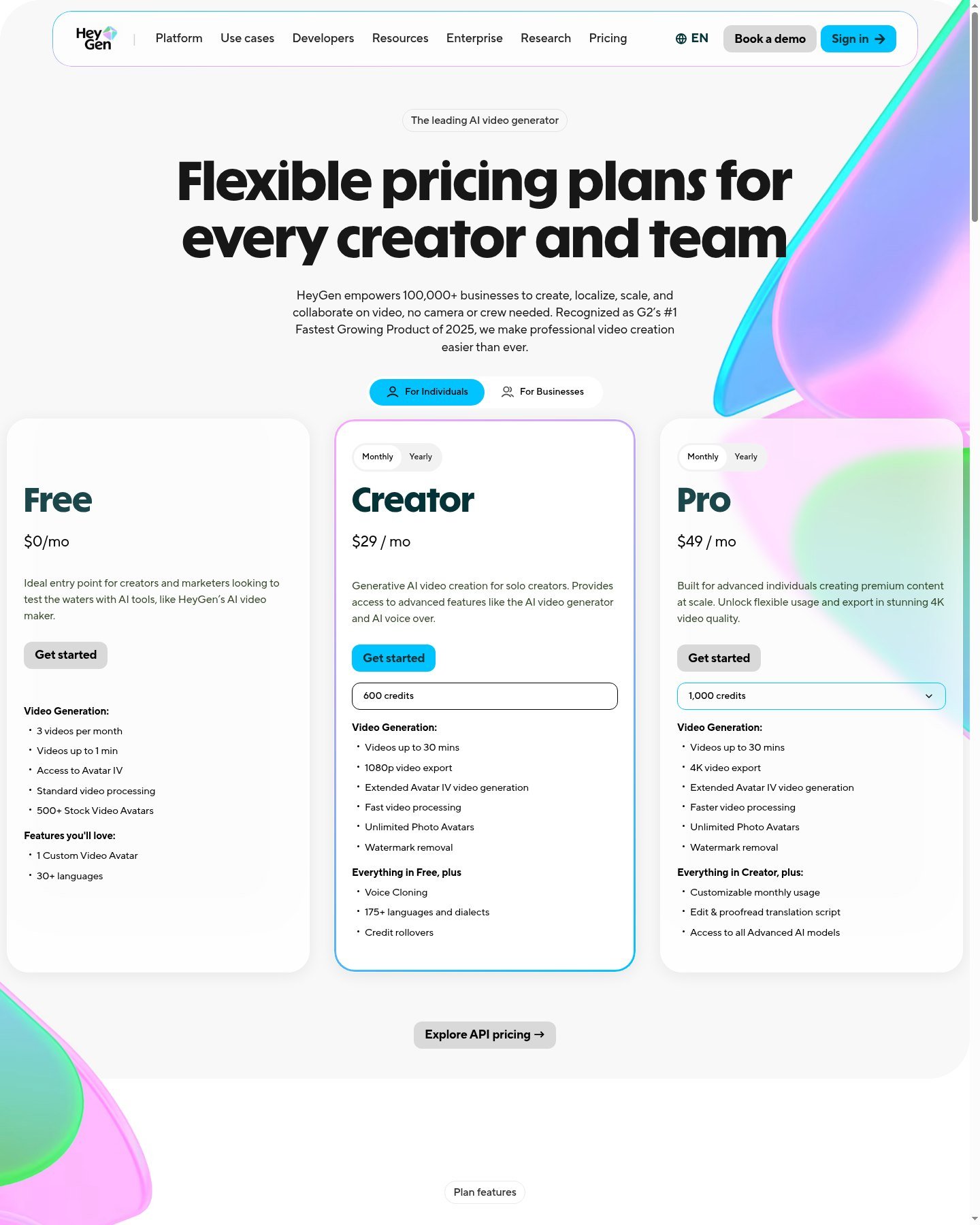 HeyGen official pricing page showing Free, Creator, and Pro avatar and credit access