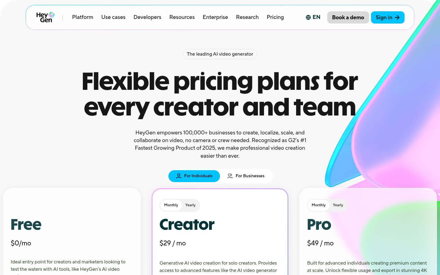 HeyGen pricing page showing Free Creator and Pro plans with monthly rates