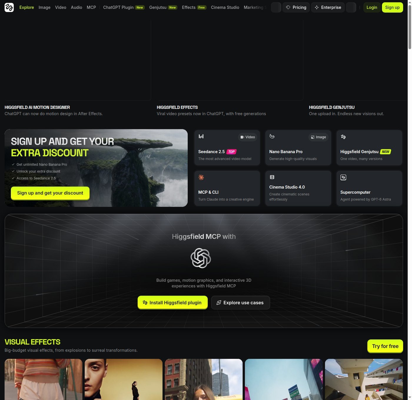Higgsfield workspace showing Cinema Studio Marketing Studio Seedance and related app tiles