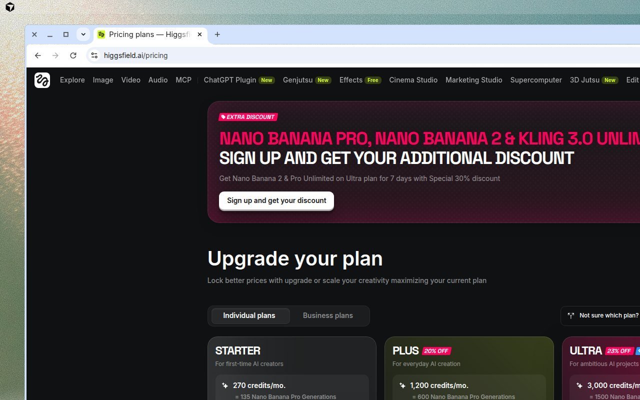 Higgsfield pricing page banner mentioning Kling 3.0 Unlimited and Starter Plus Ultra credits