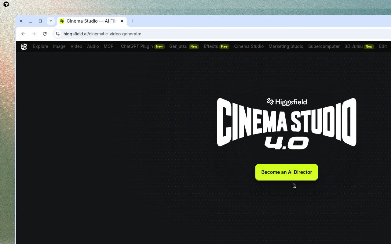Higgsfield Cinema Studio 4.0 page with Explore Image Video Audio and app navigation