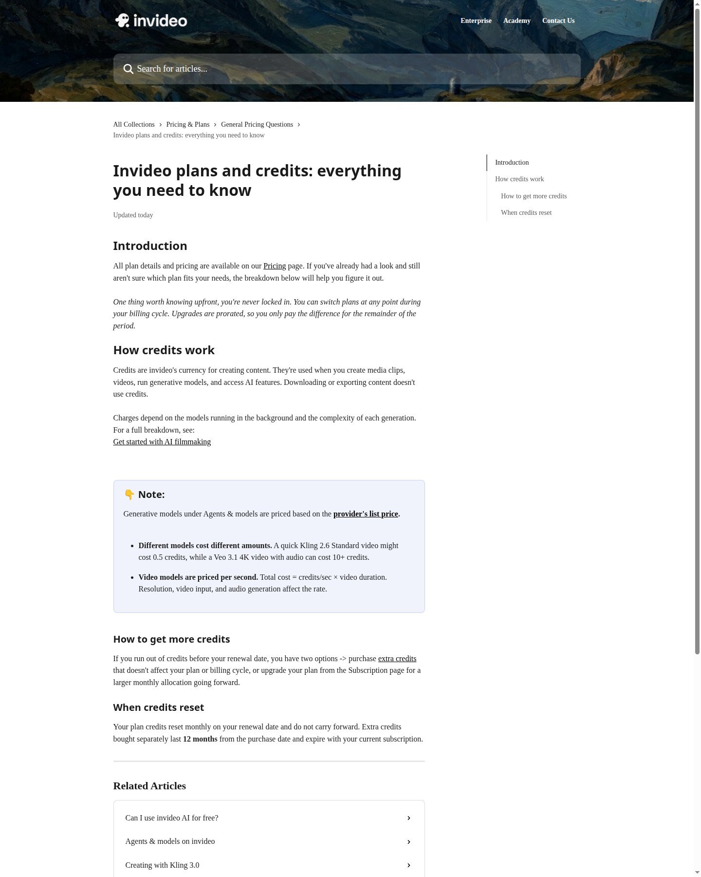 InVideo help article explaining credits model API pricing and monthly reset