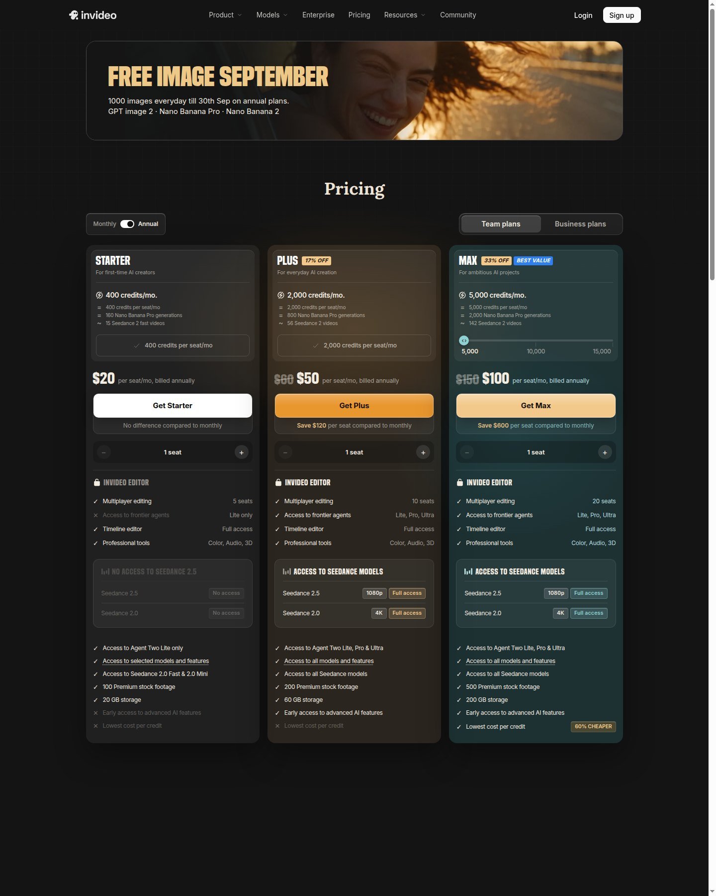 InVideo official pricing page showing current annual per-seat plans and credit allotments