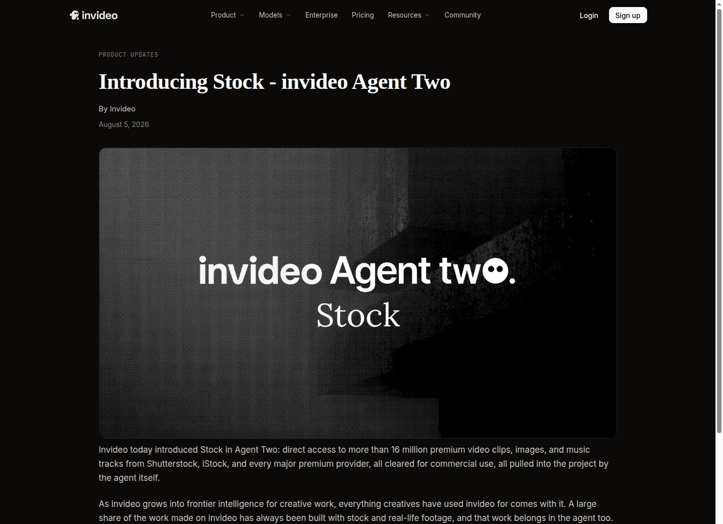 InVideo Agent Two Stock announcement describing premium Shutterstock and iStock access