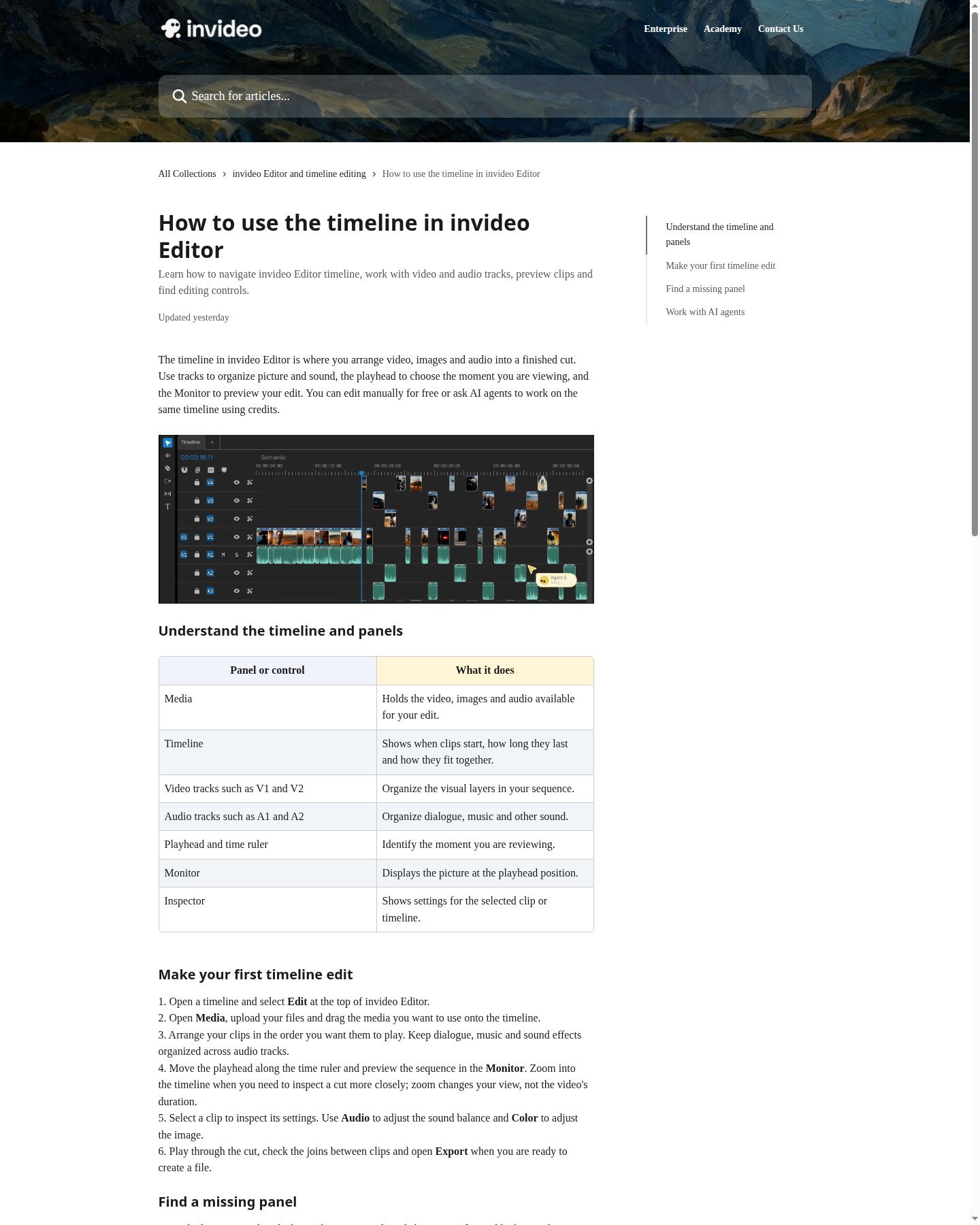 InVideo Editor timeline help showing video and audio tracks and panel table