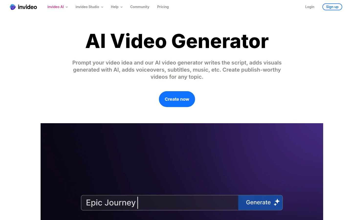 InVideo AI Video Generator page with prompt box for Epic Journey and Generate