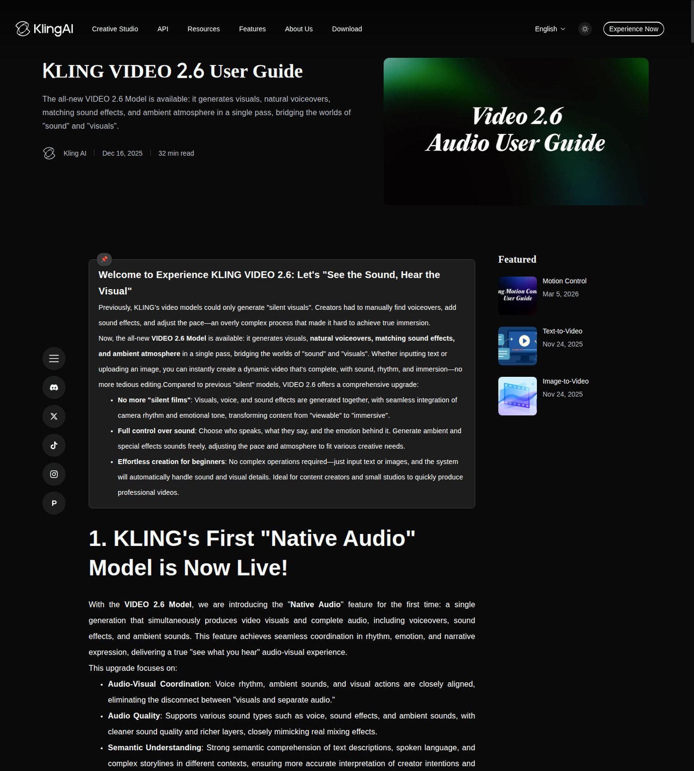 Kling VIDEO 2.6 user guide describing native audio with text-to-video and image-to-video paths