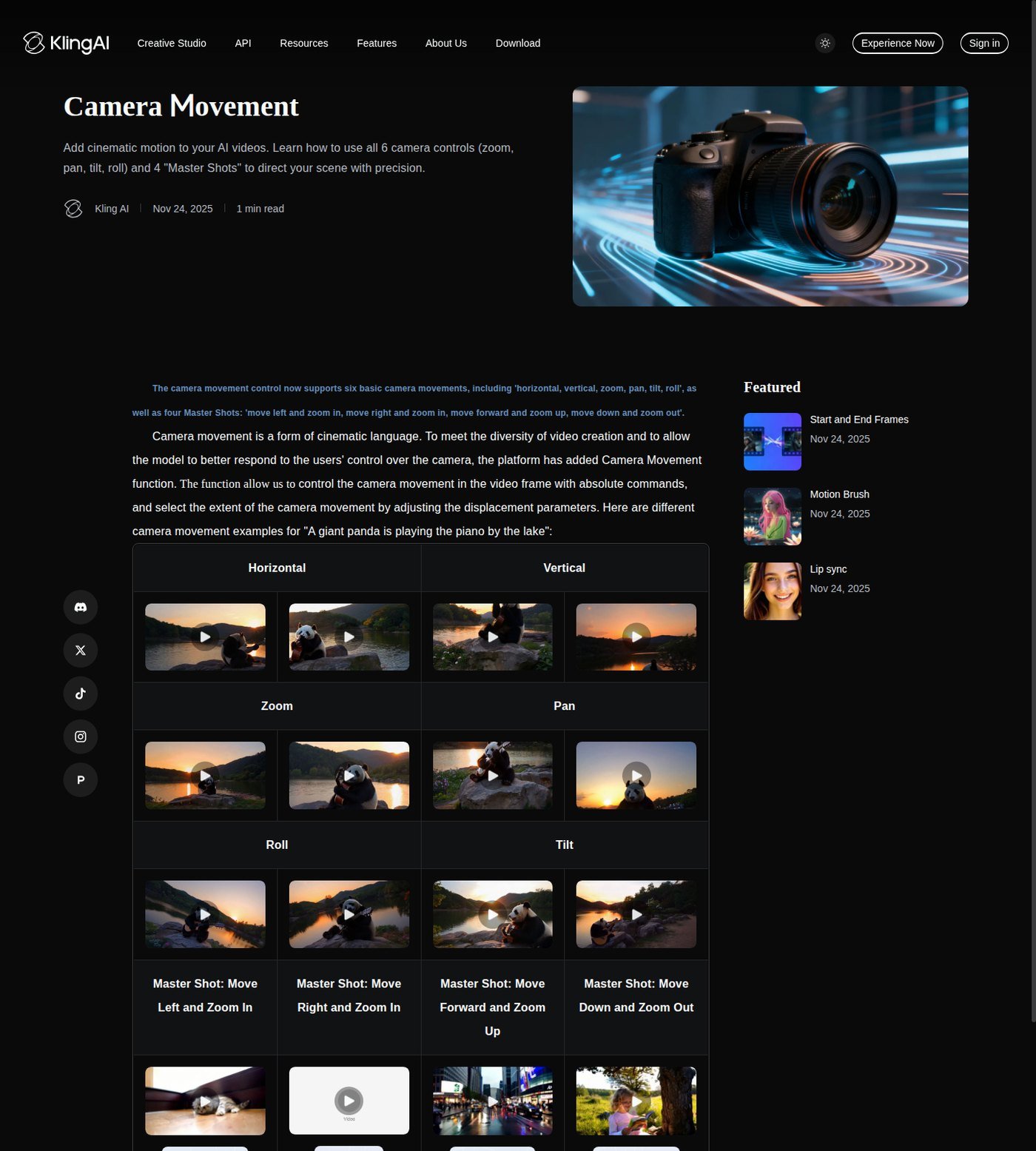 Kling AI camera movement guide showing six controls and four Master Shots