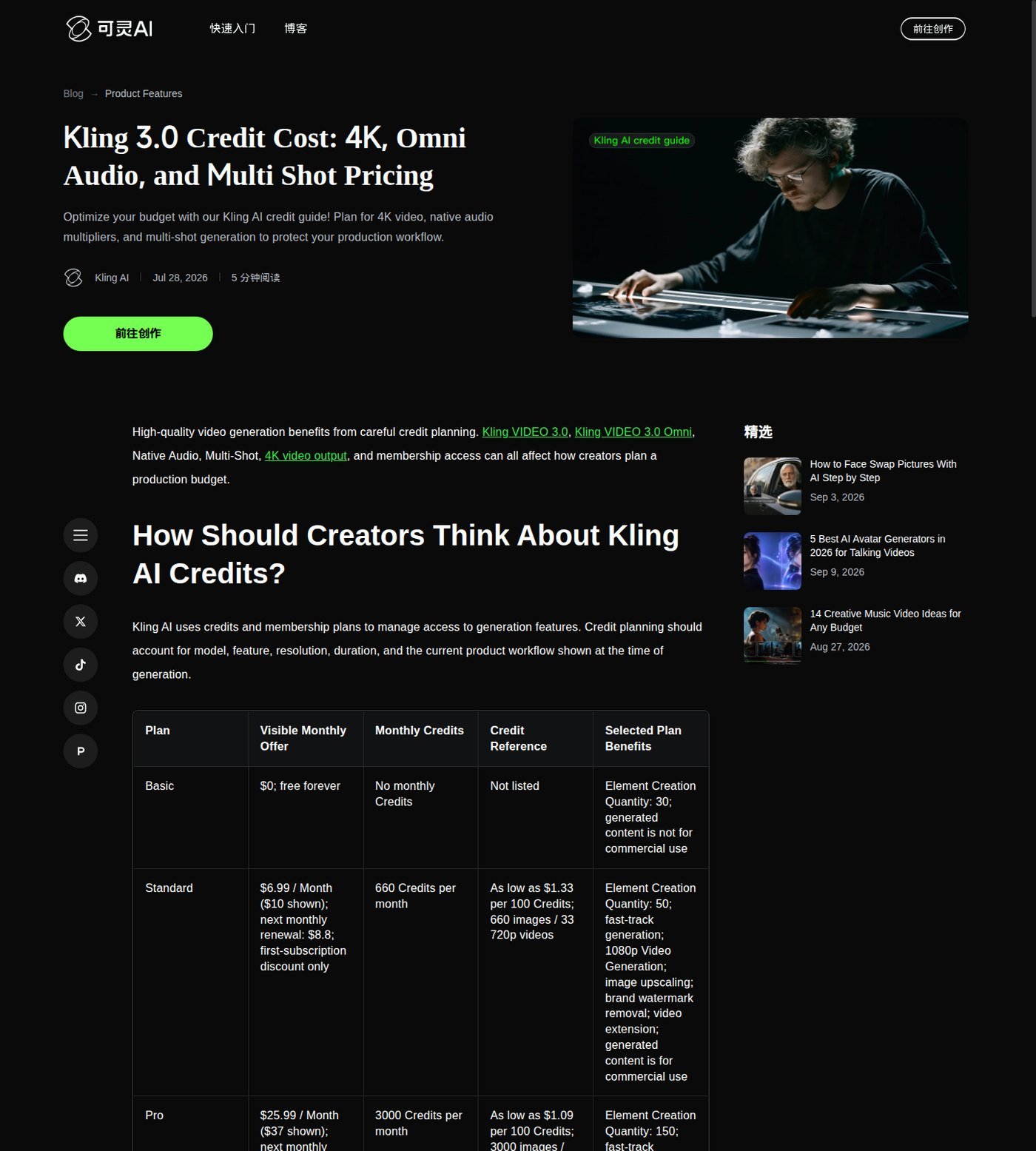 Kling AI pricing page table showing Basic Standard and Pro plans and credit structure