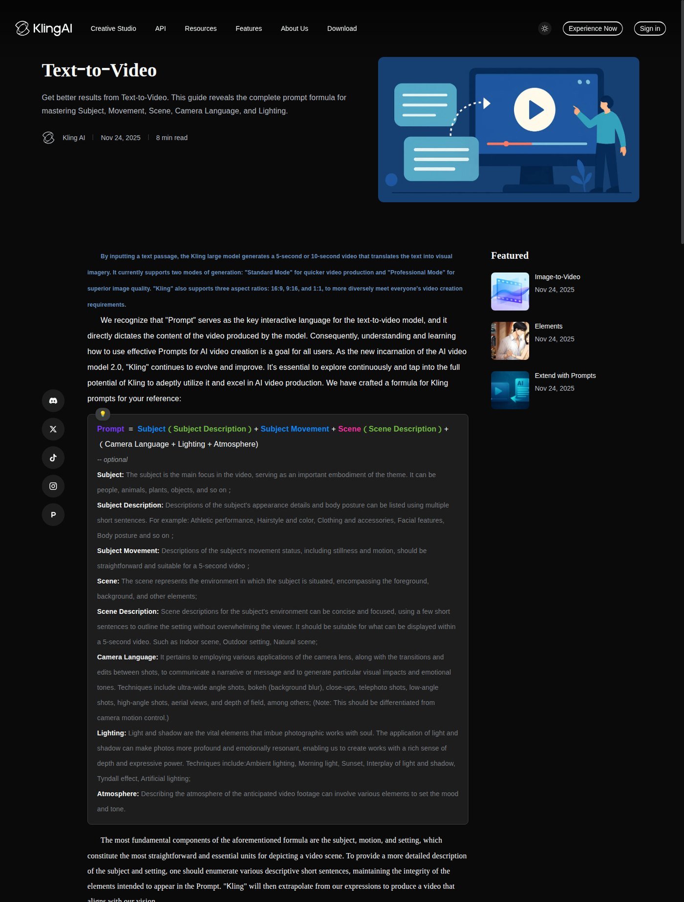 Kling AI text-to-video guide showing prompt formula, modes, and aspect-ratio notes