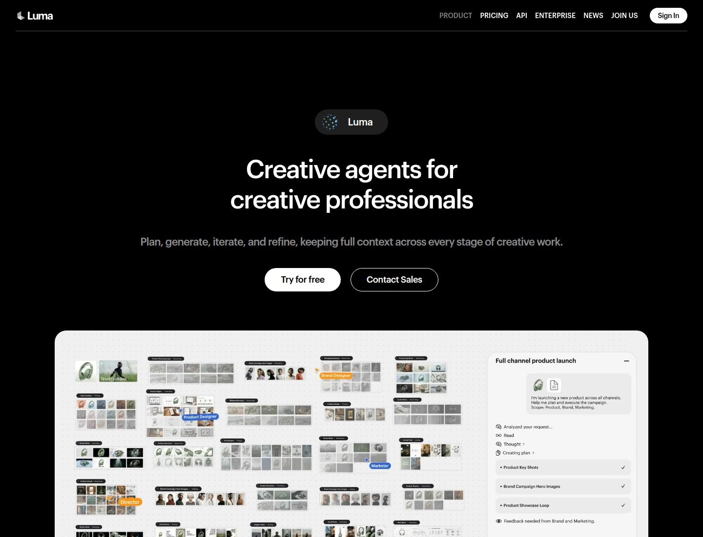 Luma Dream Machine homepage showing creative agents and canvas workflow
