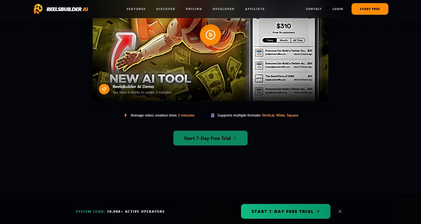 ReelsBuilder demo supports Vertical Wide Square and 7-day free trial