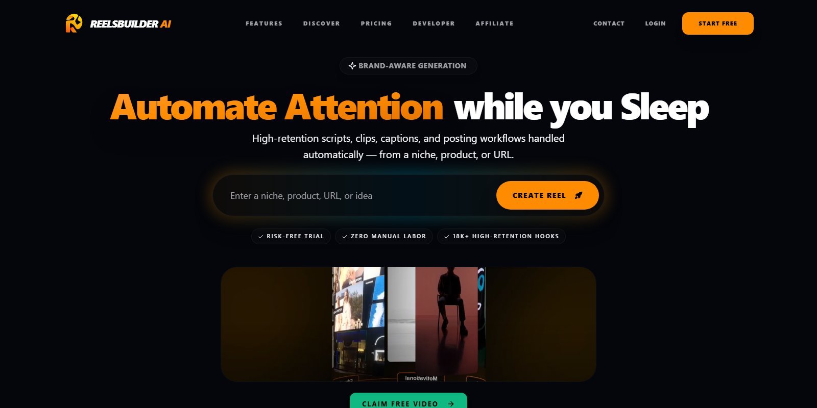 ReelsBuilder.ai homepage Automate Attention while you Sleep with niche URL input and Create Reel