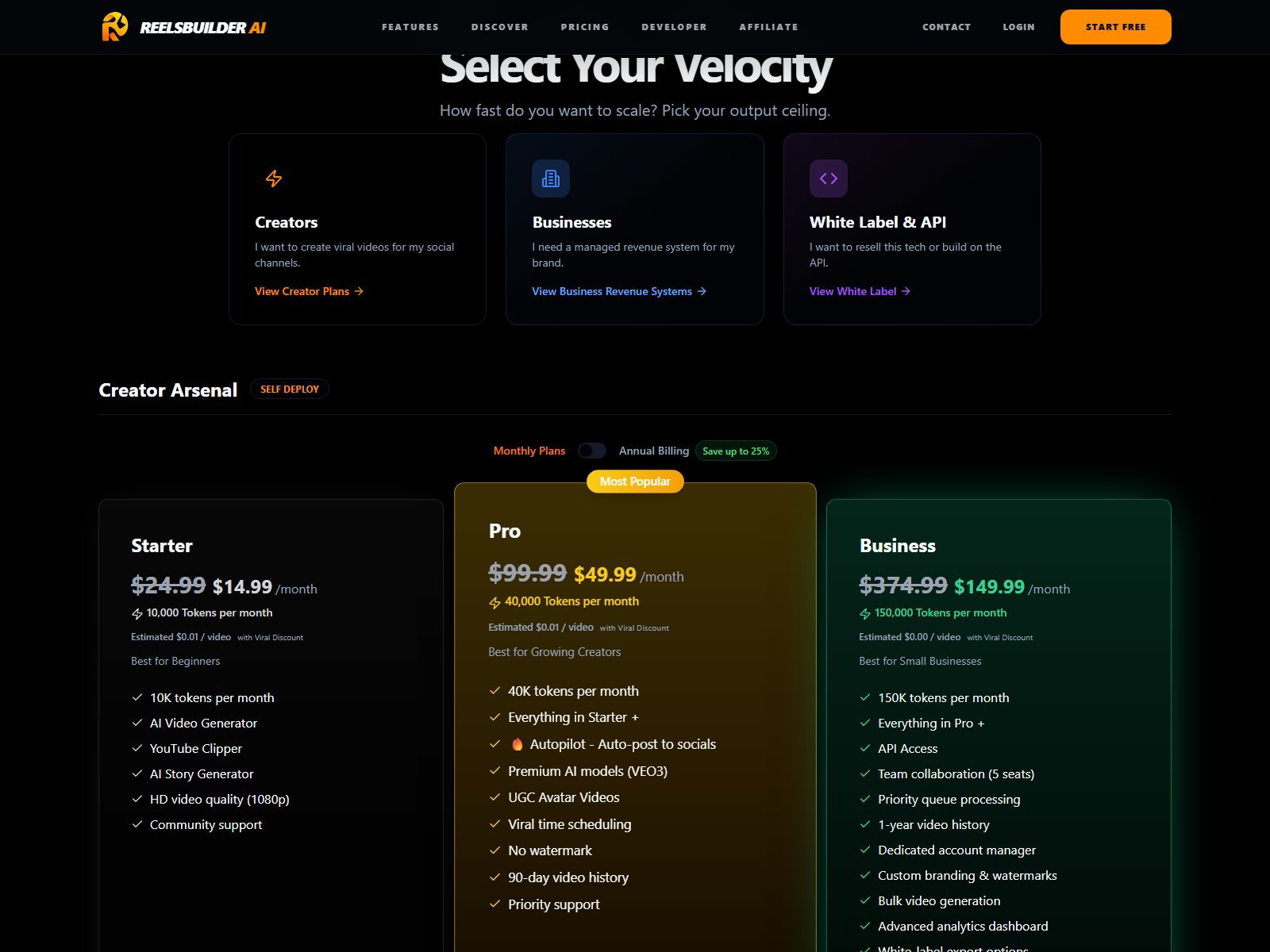 ReelsBuilder Starter 14.99 Pro 49.99 Business 149.99 per month with Autopilot VEO3 watermark notes