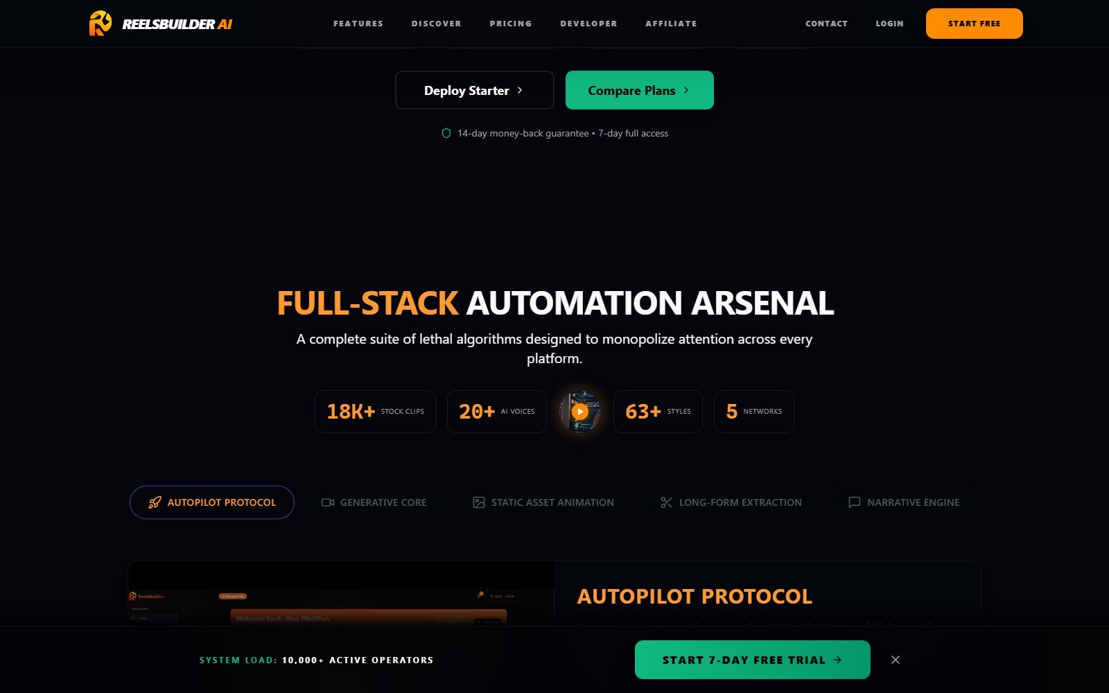 ReelsBuilder Full-Stack Automation Arsenal stock clips voices styles Autopilot Protocol