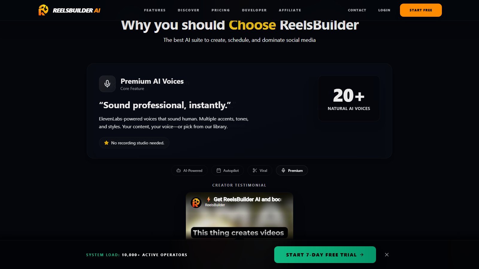 ReelsBuilder Premium AI Voices ElevenLabs 20 plus natural voices