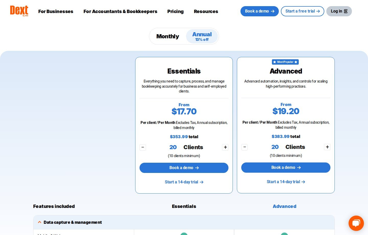 Dext current U.S. partner pricing page showing Essentials and Advanced per-client plans and a 10-client minimum