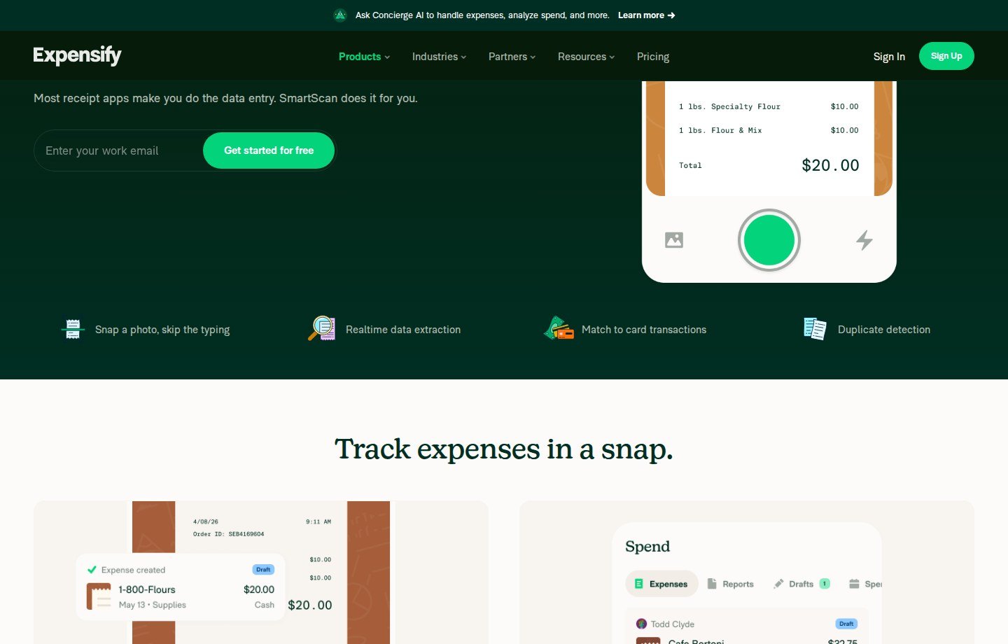 Expensify receipt scanning page showing SmartScan capture, extraction, card matching, and duplicate-detection controls