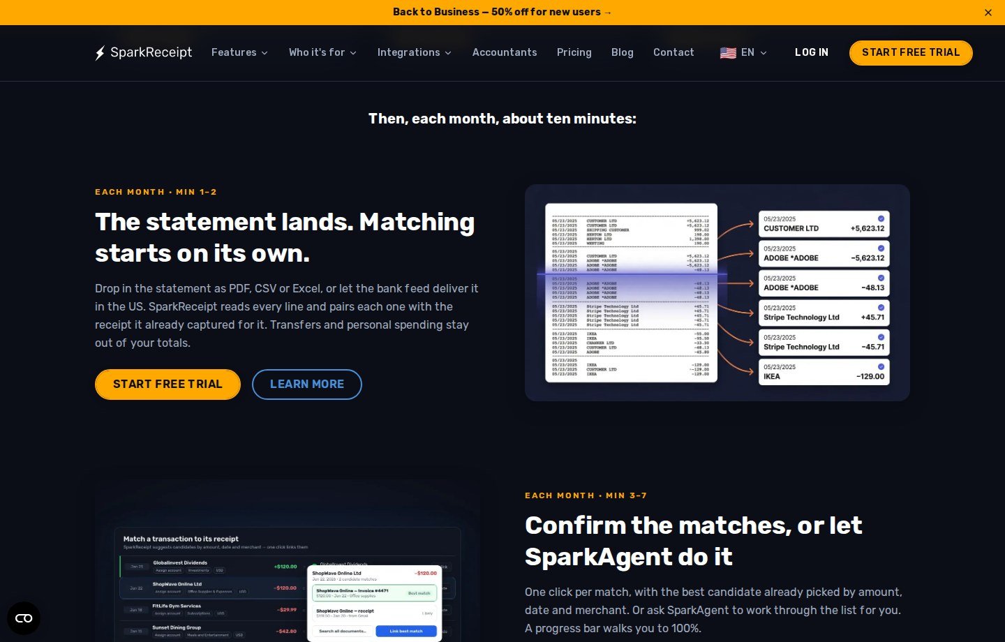 SparkReceipt receipt-management interface showing current bank-statement matching and document organization workflow