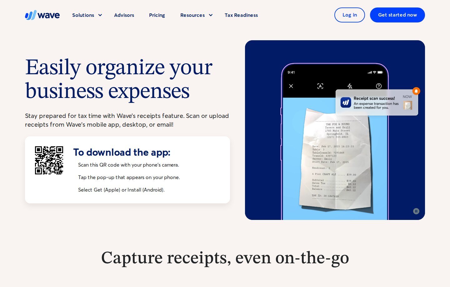 Wave receipts page showing current mobile receipt-capture workflow for small-business expense records