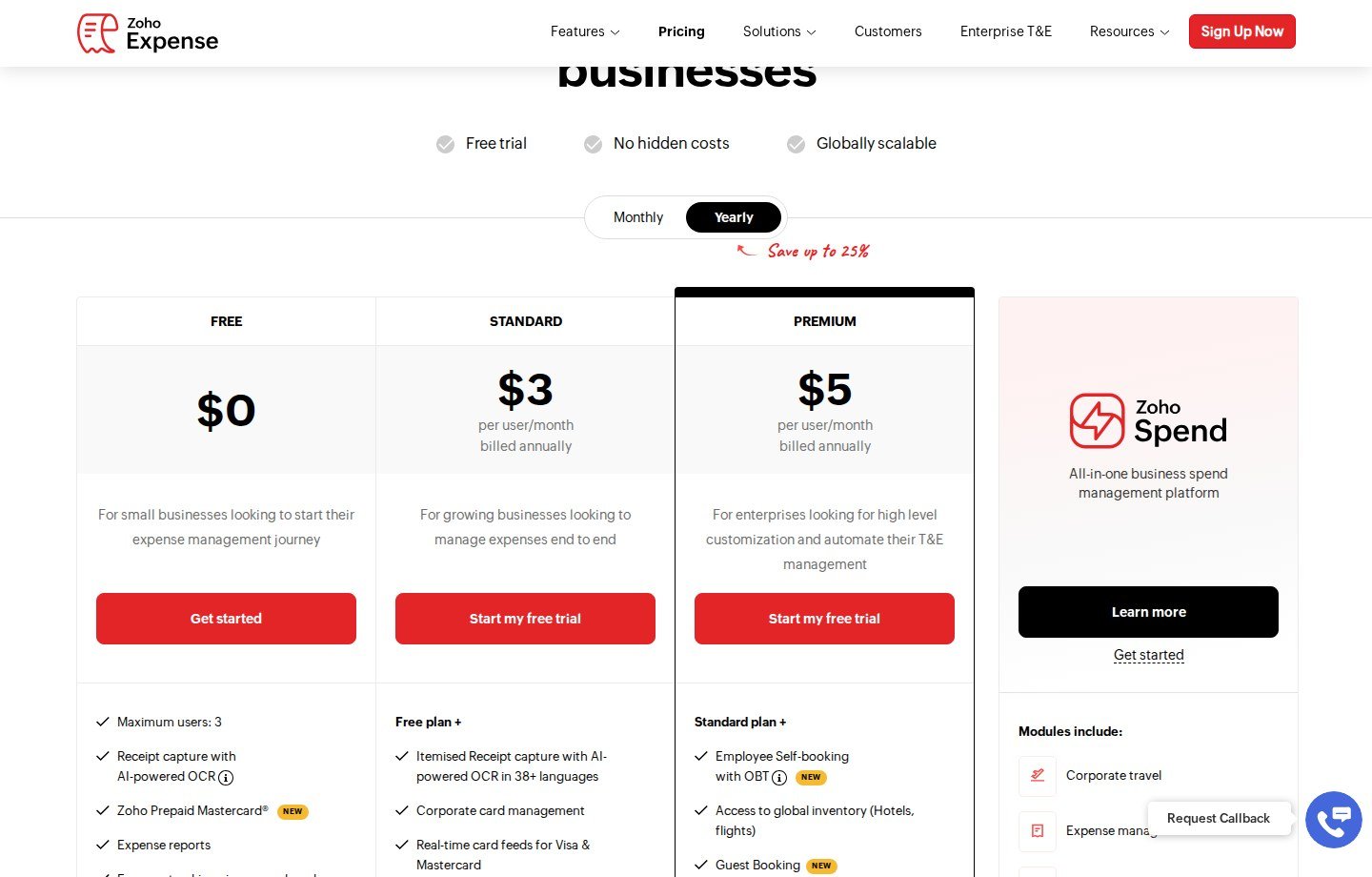 Zoho Expense current pricing page showing Free, Standard, and Premium plans billed annually