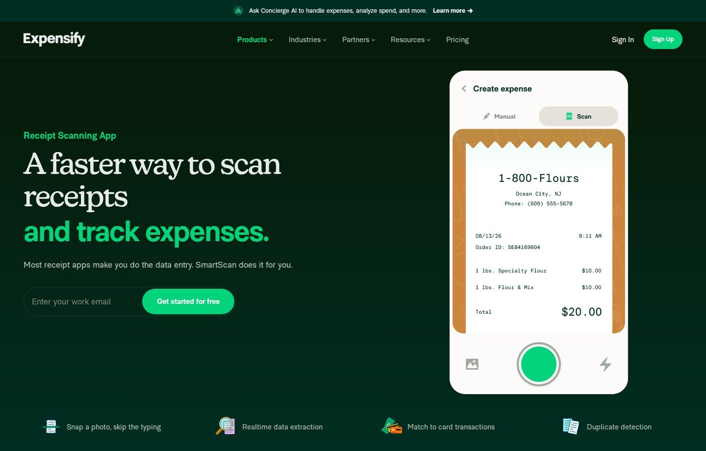 Expensify receipt scanner app interface showing current SmartScan camera workflow and extraction claims