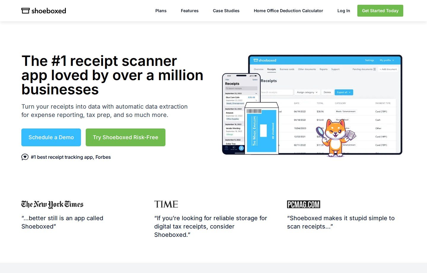 Shoeboxed homepage showing current receipt scanner app, Magic Envelope, and extracted-receipt list