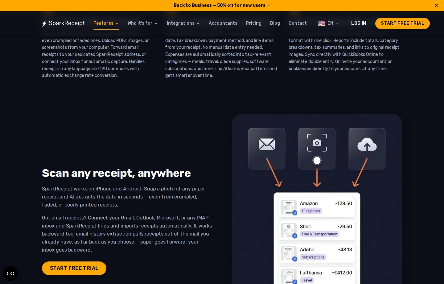 SparkReceipt mobile receipt capture workflow showing current email, camera, and file-import options