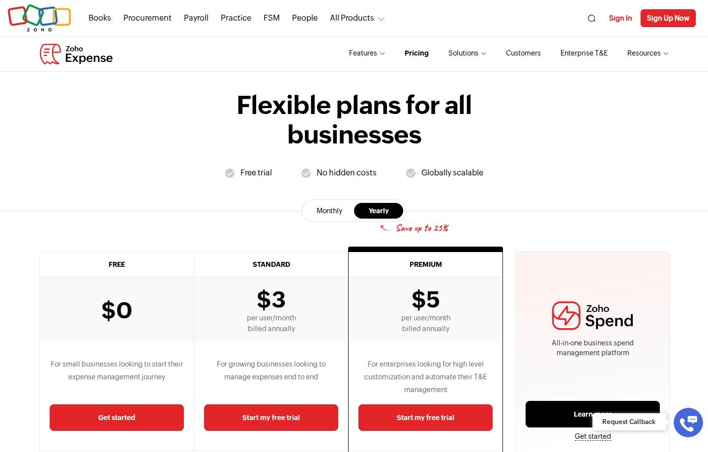 Zoho Expense current pricing page showing Free, Standard, and Premium plans that include Autoscan OCR