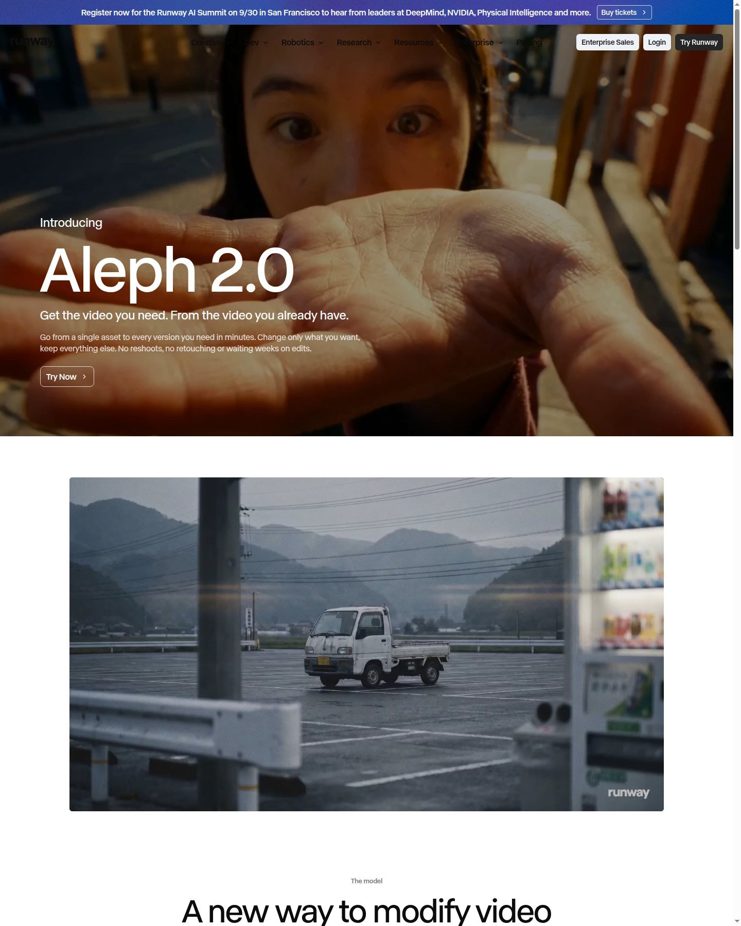 Runway Aleph 2.0 product page introducing in-context video editing