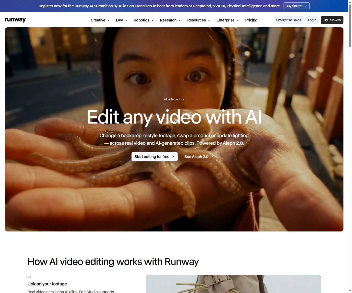 Runway AI workspace showing current Aleph 2.0 generative editing and project workflow