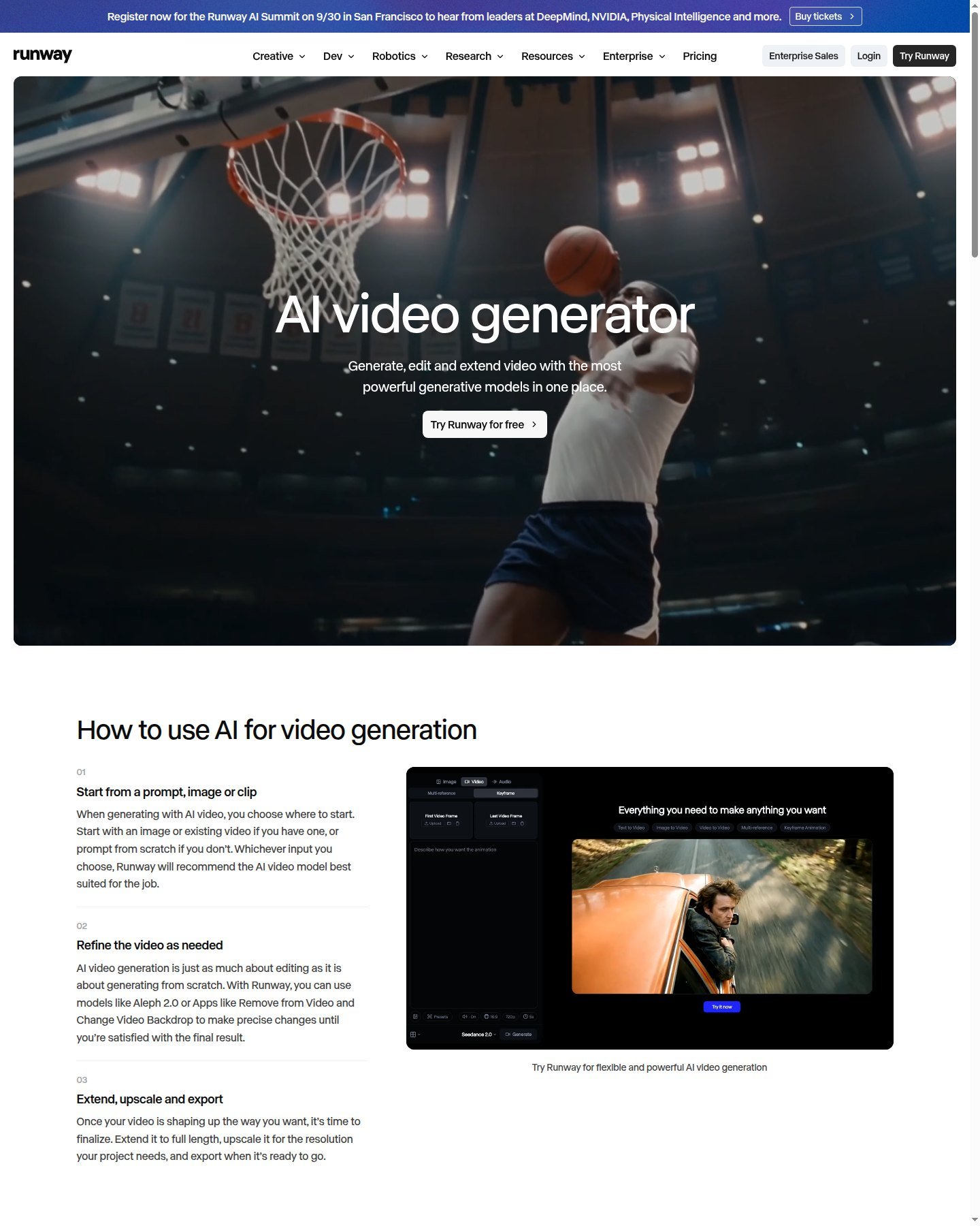 Runway AI video generator page with prompt image or clip workflow and a generation UI still