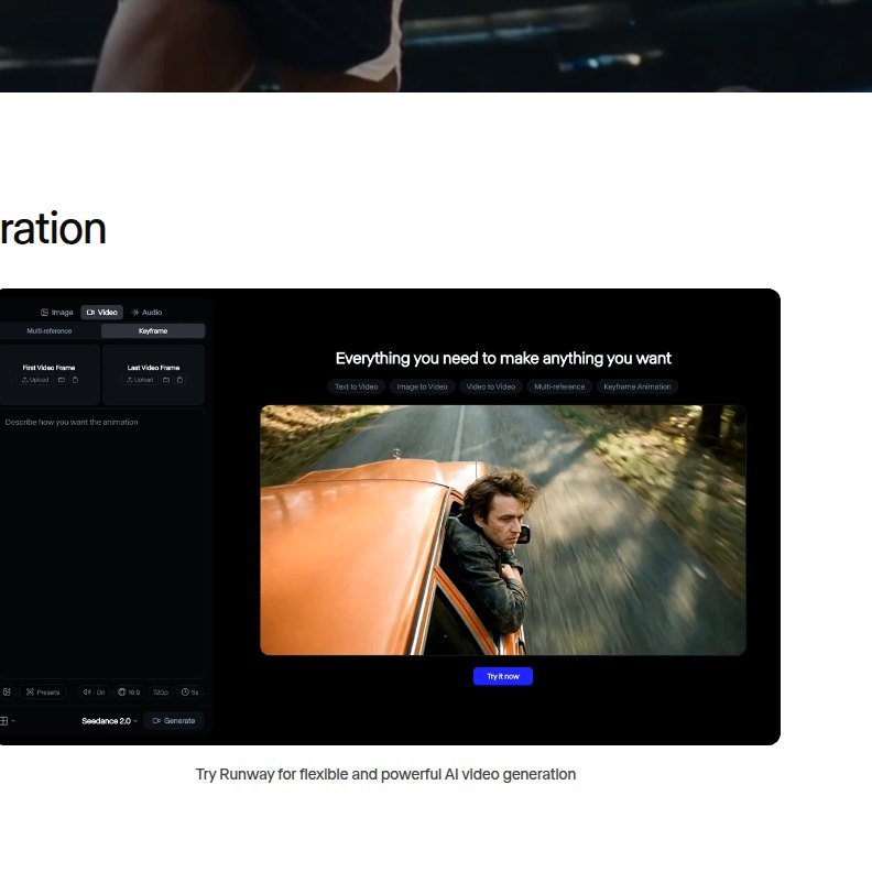 Runway image-to-video interface showing first and last video frame slots and generation modes