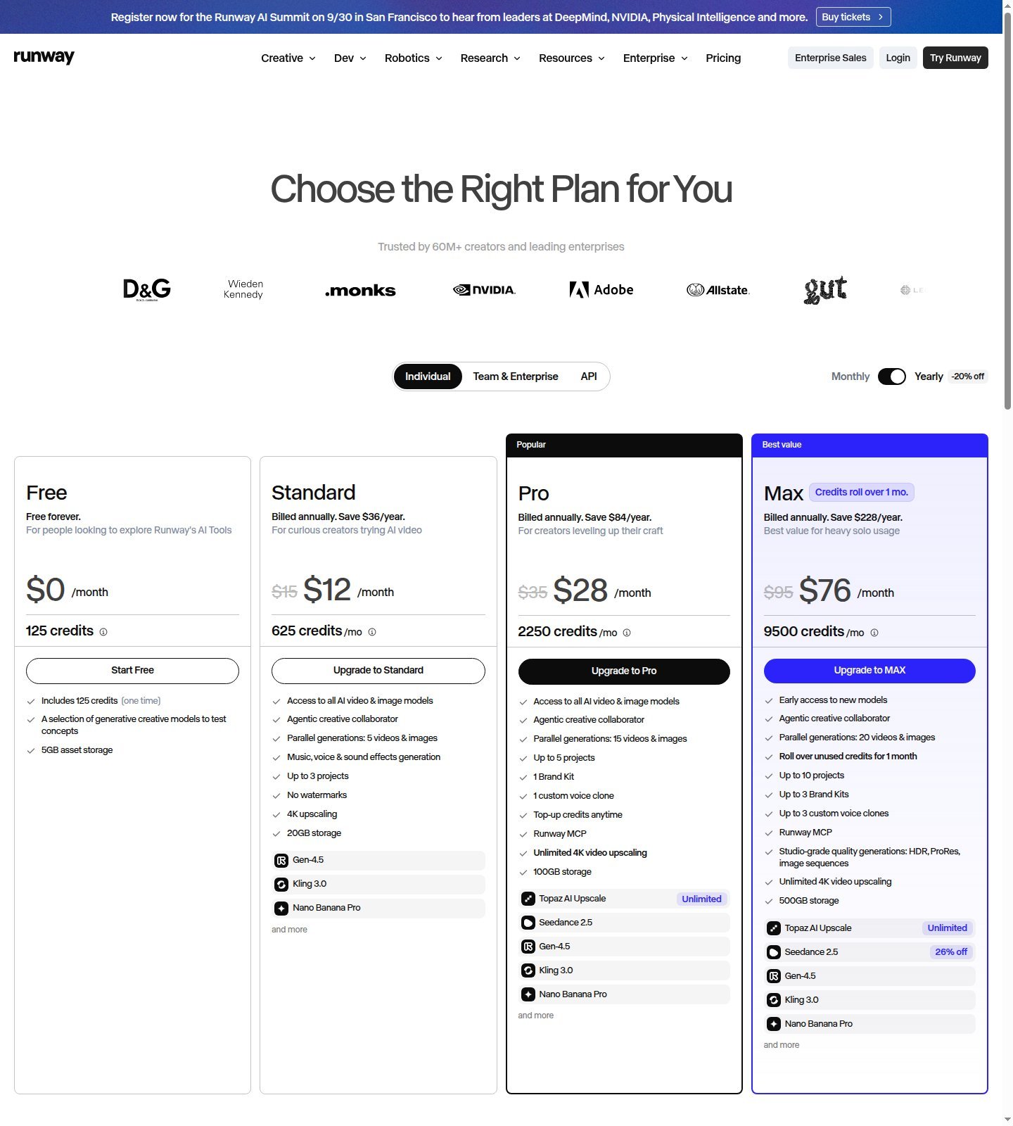 Runway pricing page showing Free Standard Pro and Max yearly individual plans