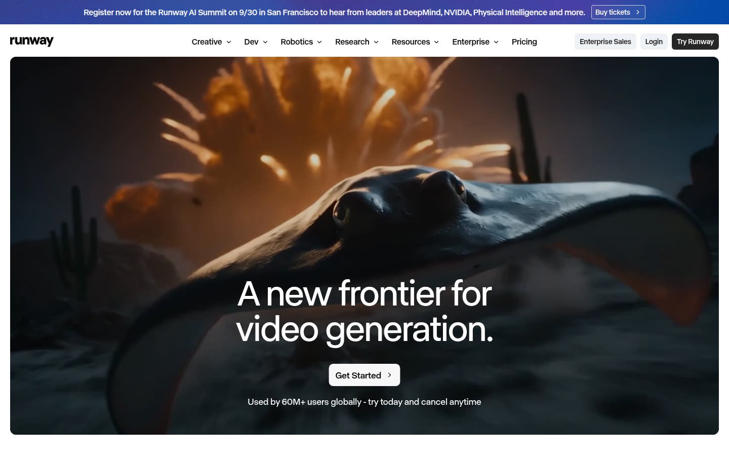 Runway marketing page headline A new frontier for video generation with Get Started