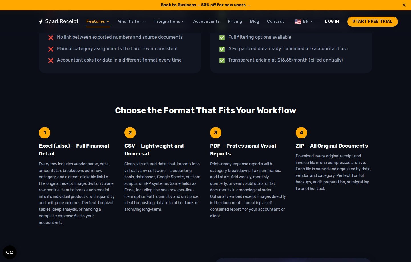 SparkReceipt export workflow listing Excel, CSV, PDF, and ZIP formats on the official exports page