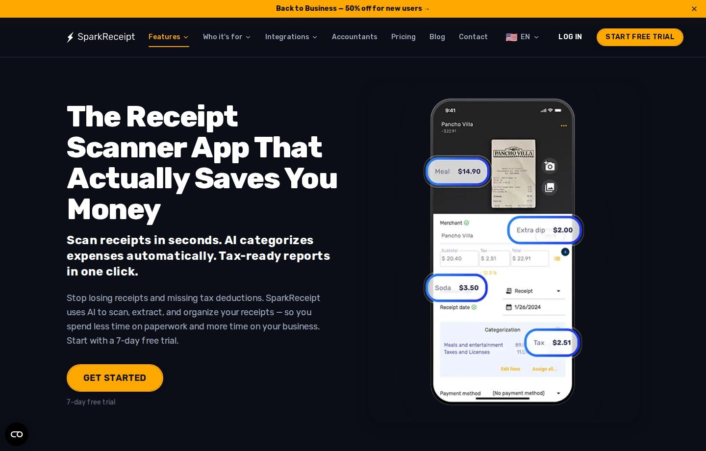 SparkReceipt interface showing extracted receipt fields for review including merchant, tax, line items, date, and category
