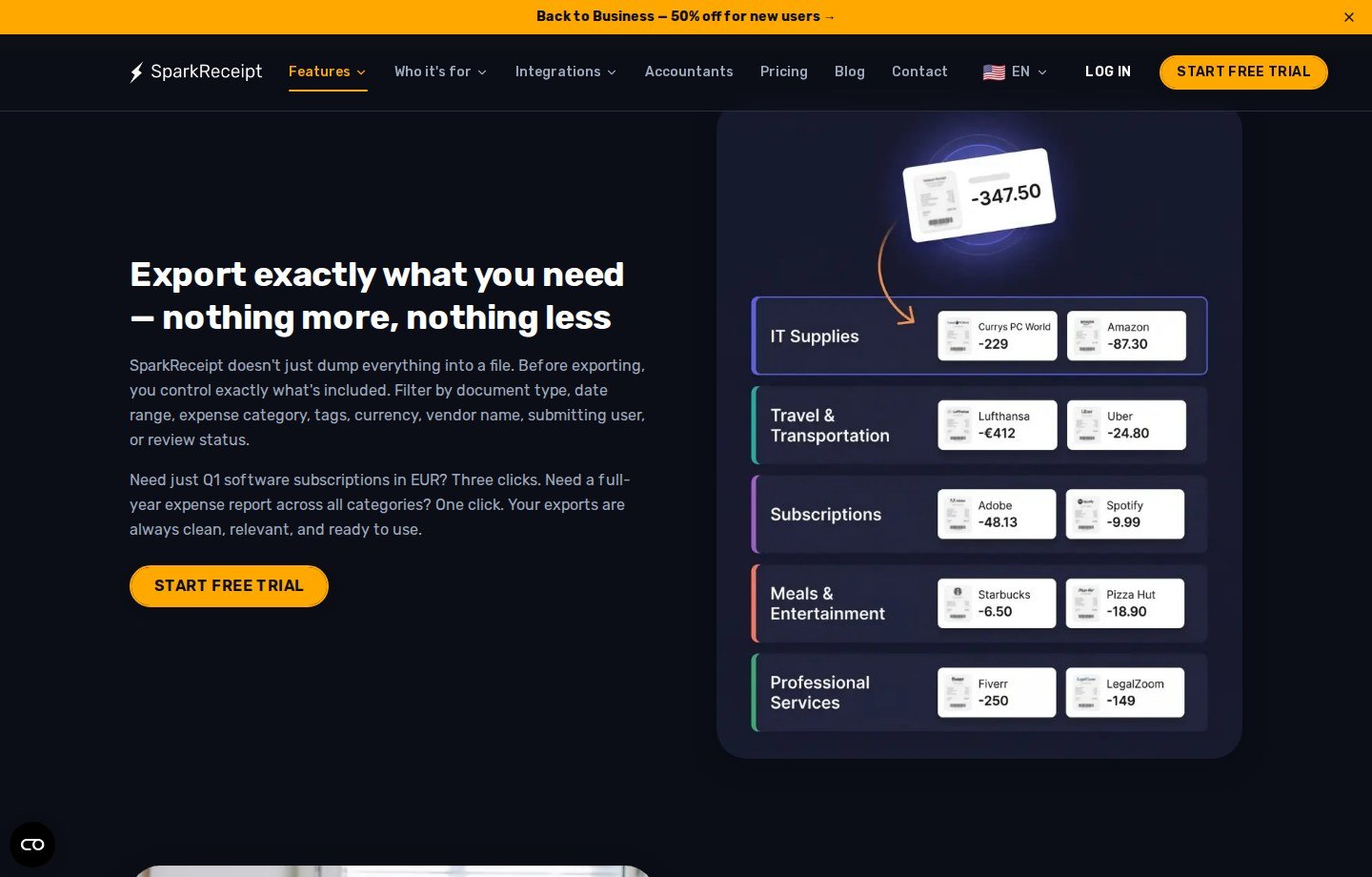 SparkReceipt search and document-management workflow showing receipts grouped by expense category for filtered export