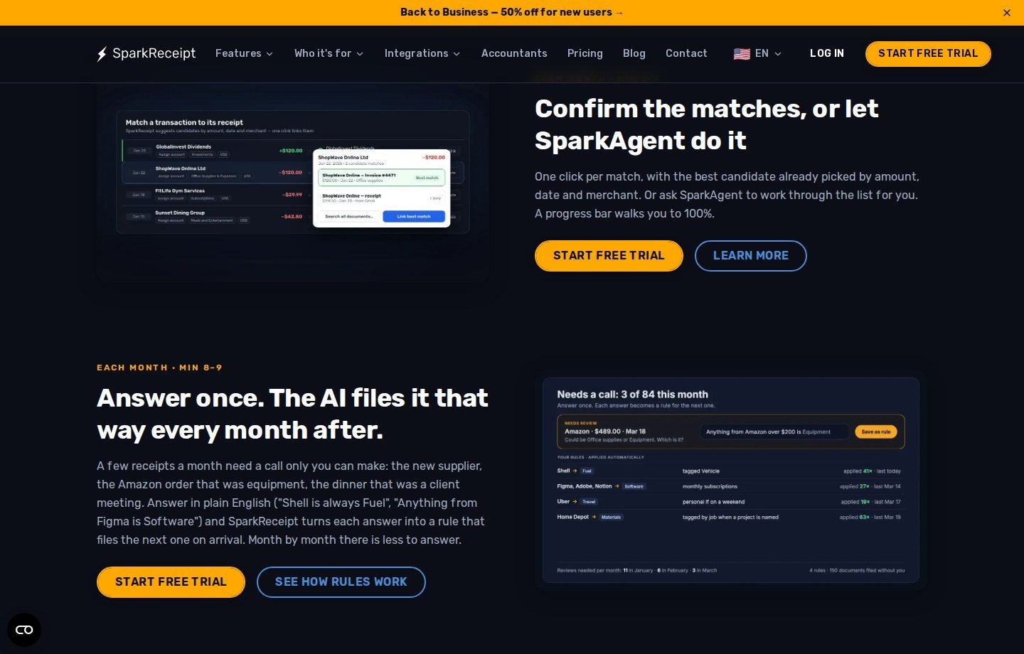 SparkReceipt dashboard showing current receipt and expense organization with transaction matching and filing rules