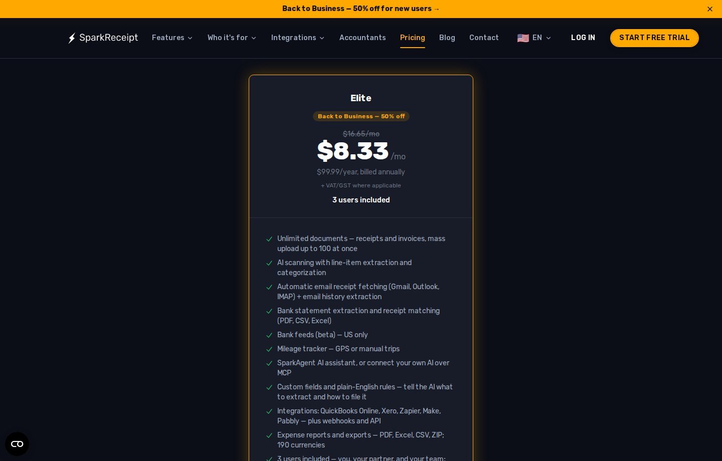 SparkReceipt current pricing page showing the Elite plan, promotional annual rate, trial note, and feature list