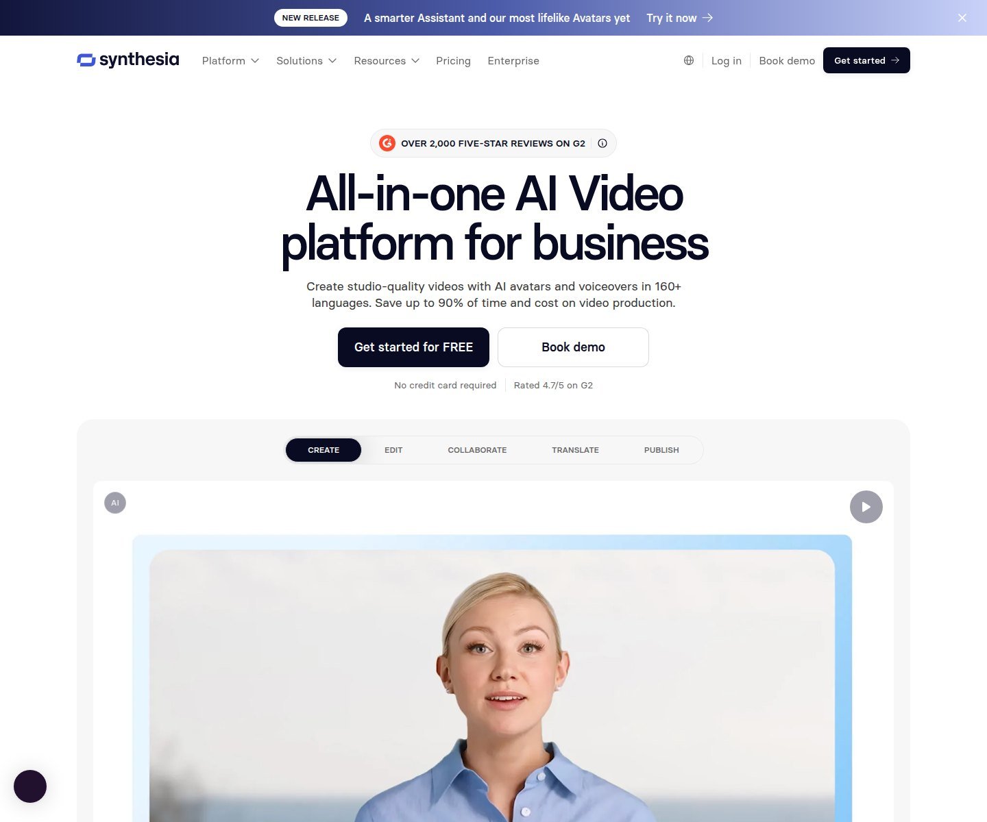 Synthesia homepage showing presenter and localization positioning for business video