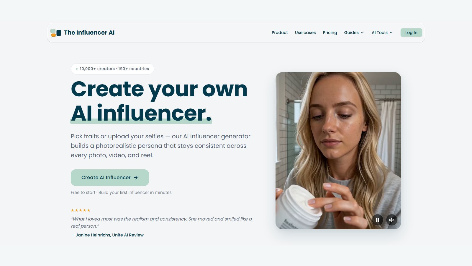 Editorial 16:9 canvas containing the complete official TheInfluencer.ai homepage screenshot