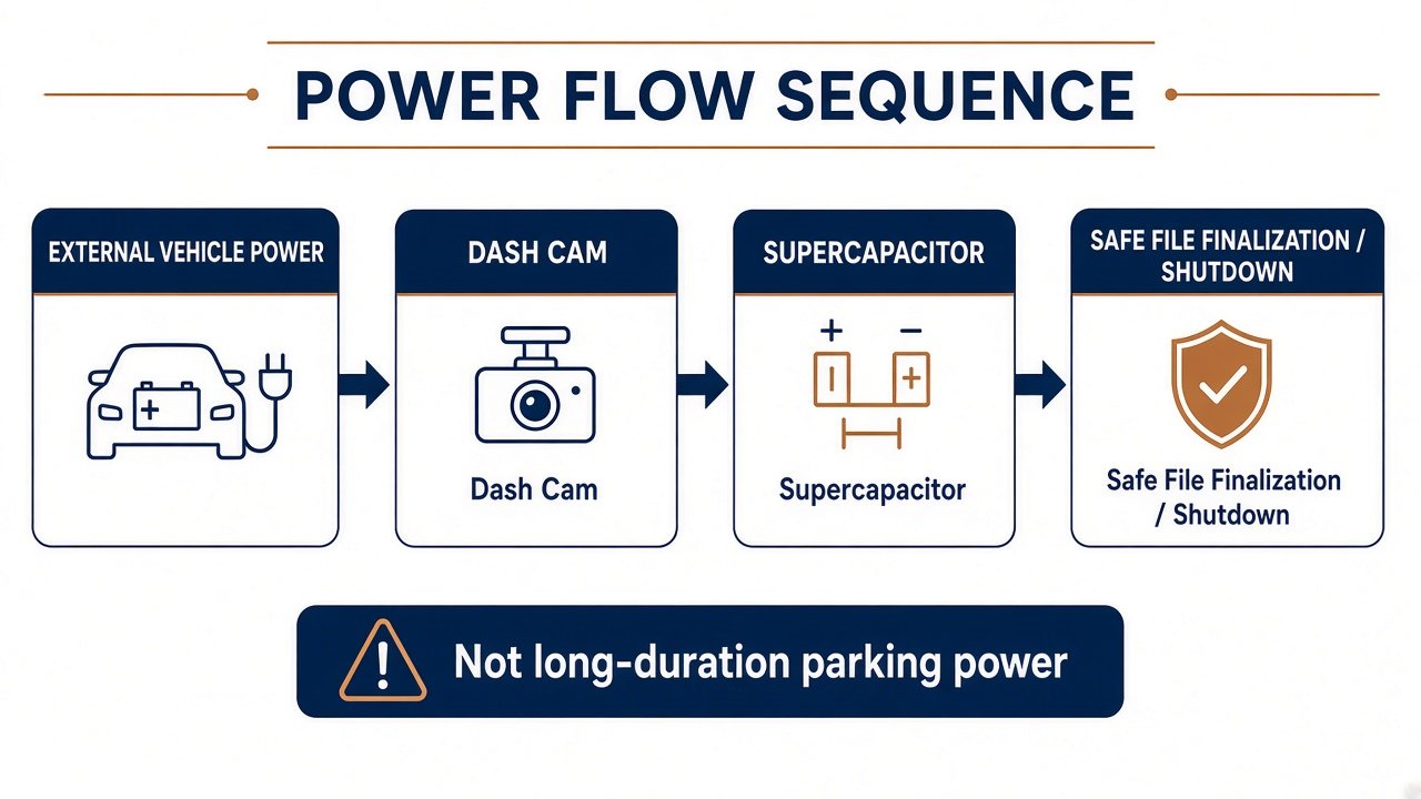 Diagram of vehicle power feeding a dash cam supercapacitor used for safe file finalization