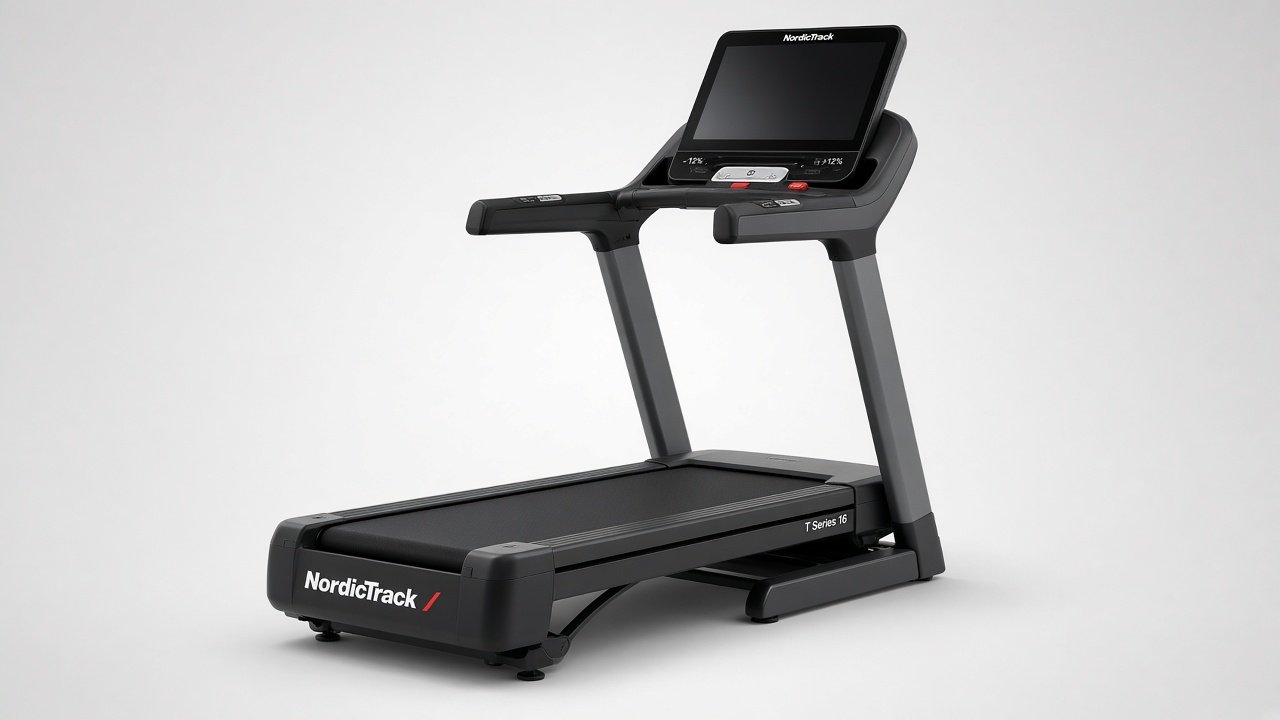 Current NordicTrack T Series 16 treadmill showing frame, 16-inch tilting console, and running deck