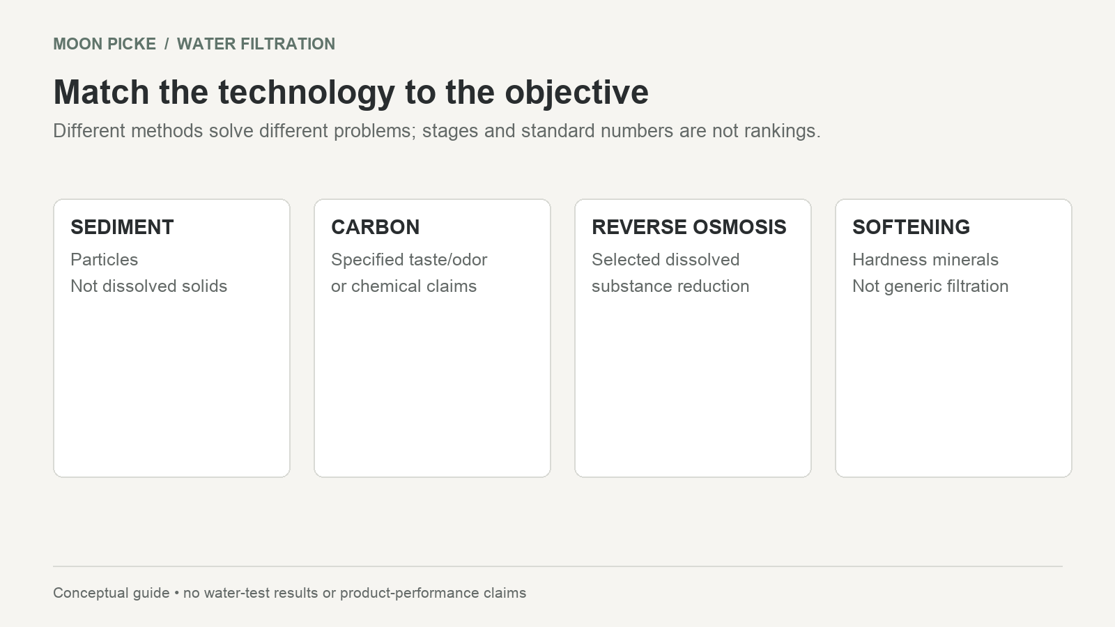 Comparison of sediment filtration, activated carbon, reverse osmosis and water softening by typical objective.