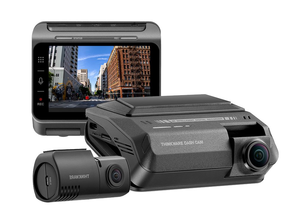 Touchscreen dual-channel dash cam with a separate rear camera module