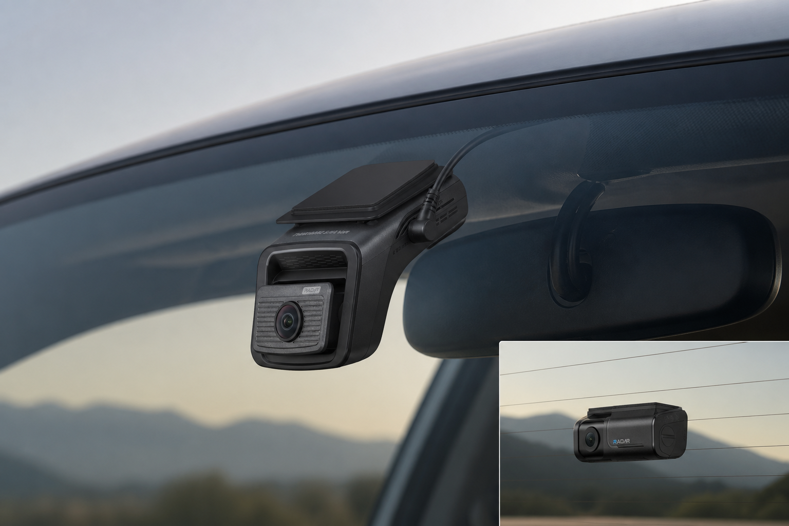 Thinkware U3000 PRO front camera mounted behind a rearview mirror with the rear module shown near the rear glass.