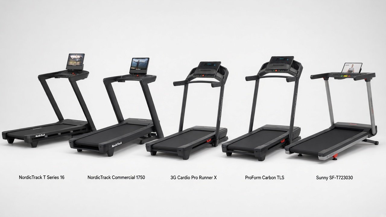 Five current home treadmills: NordicTrack T16, Commercial 1750, 3G Cardio Pro Runner X, ProForm Carbon TLS, Sunny SF-T723030