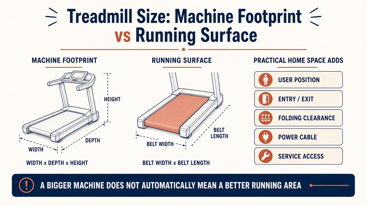 Graphic comparing treadmill machine footprint with running-surface belt size and practical home clearance
